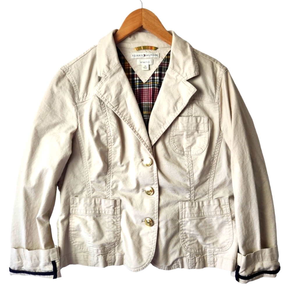 Vintage Tommy Hilfiger Khaki Brass Button Fitted Stretch Blazer Size 14 L